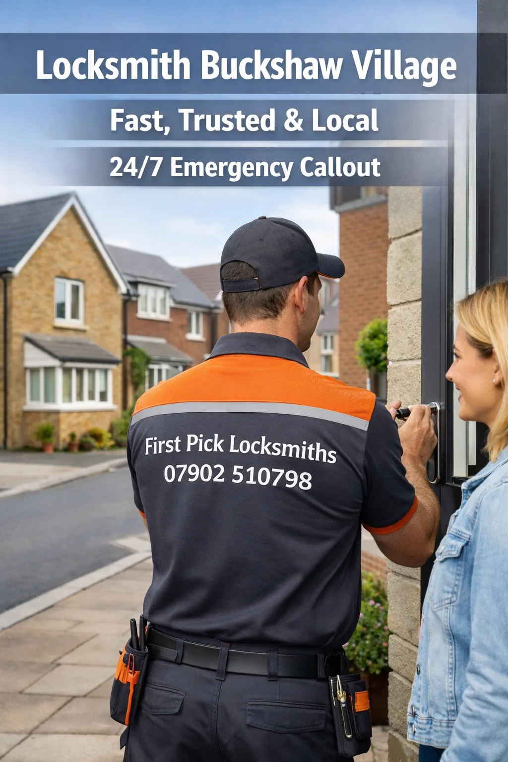 Professional locksmith assisting homeowner outside modern house in Buckshaw Village with orange and grey branding