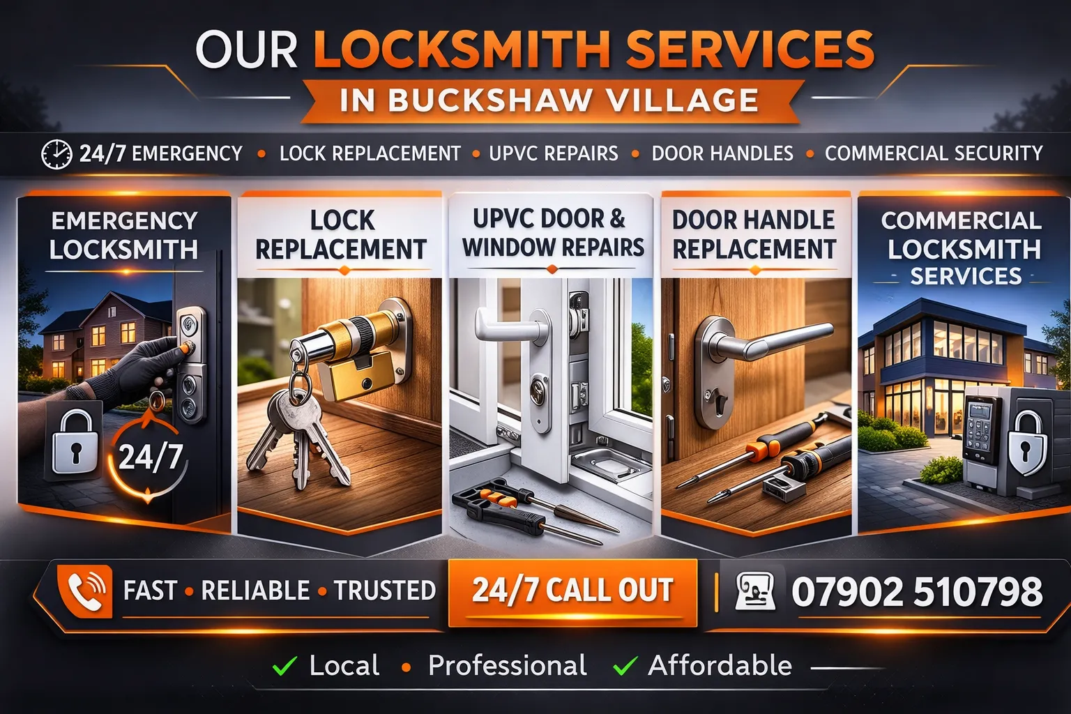 Infographic showing locksmith services in Buckshaw Village including emergency lockouts, lock replacement, UPVC repairs, door handles, and commercial locksmith services