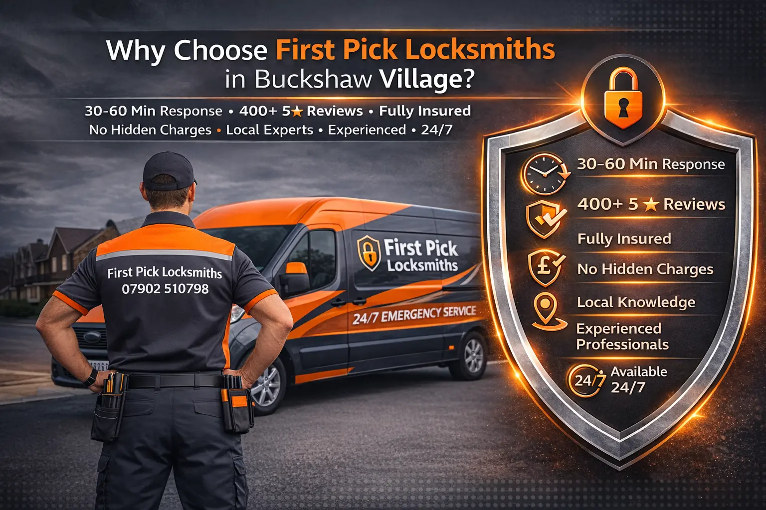 Trust-focused infographic showing locksmith benefits including fast response, five-star reviews, fully insured service, and 24/7 availability in Buckshaw Village