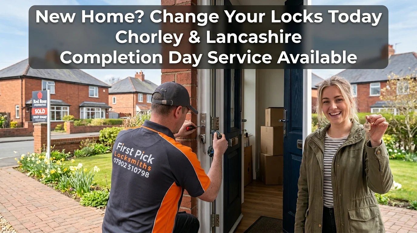 First Pick Locksmiths technician fitting new locks for a first-time buyer on moving day in Chorley, Lancashire