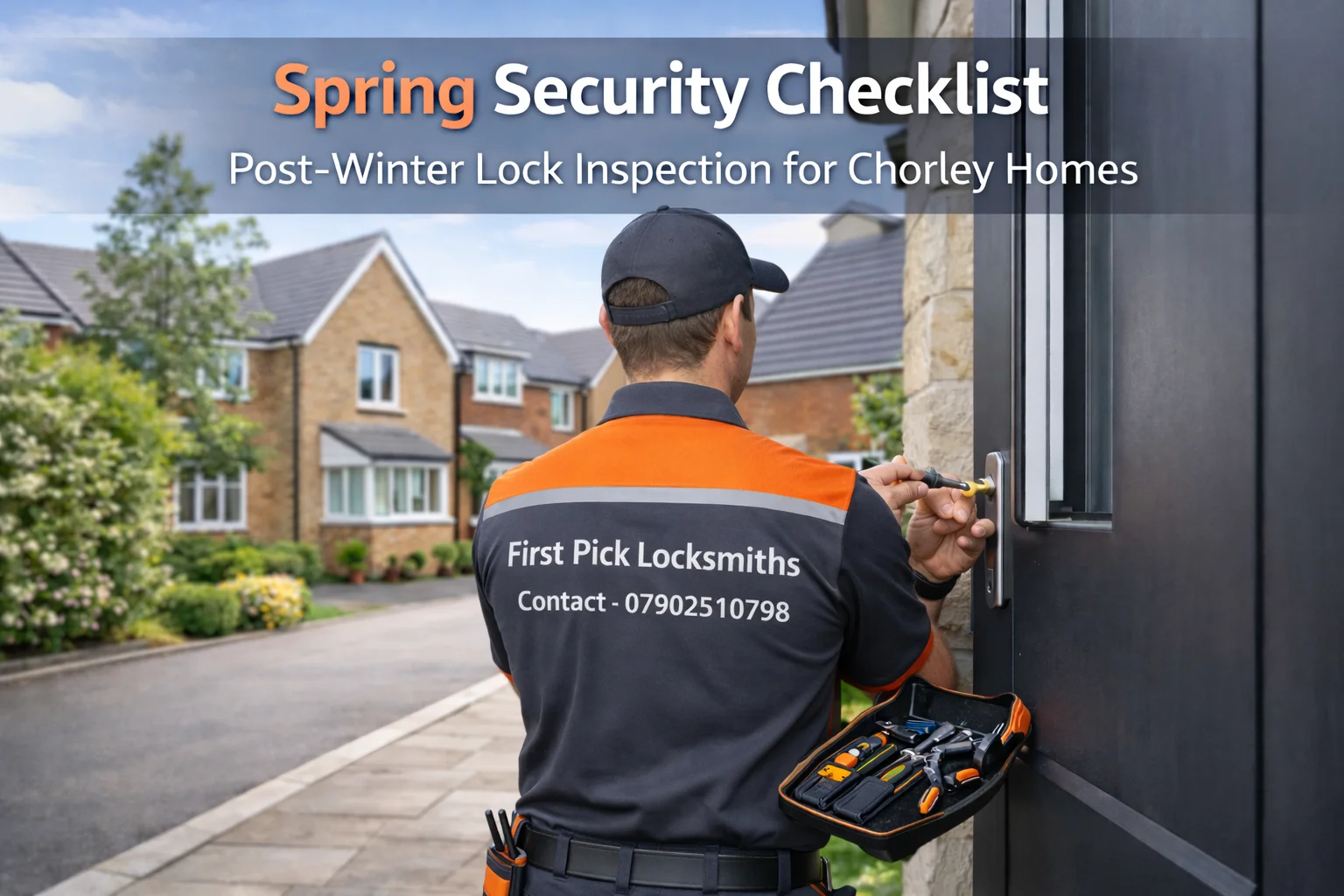 Locksmith inspecting front door lock during spring maintenance at a Chorley home