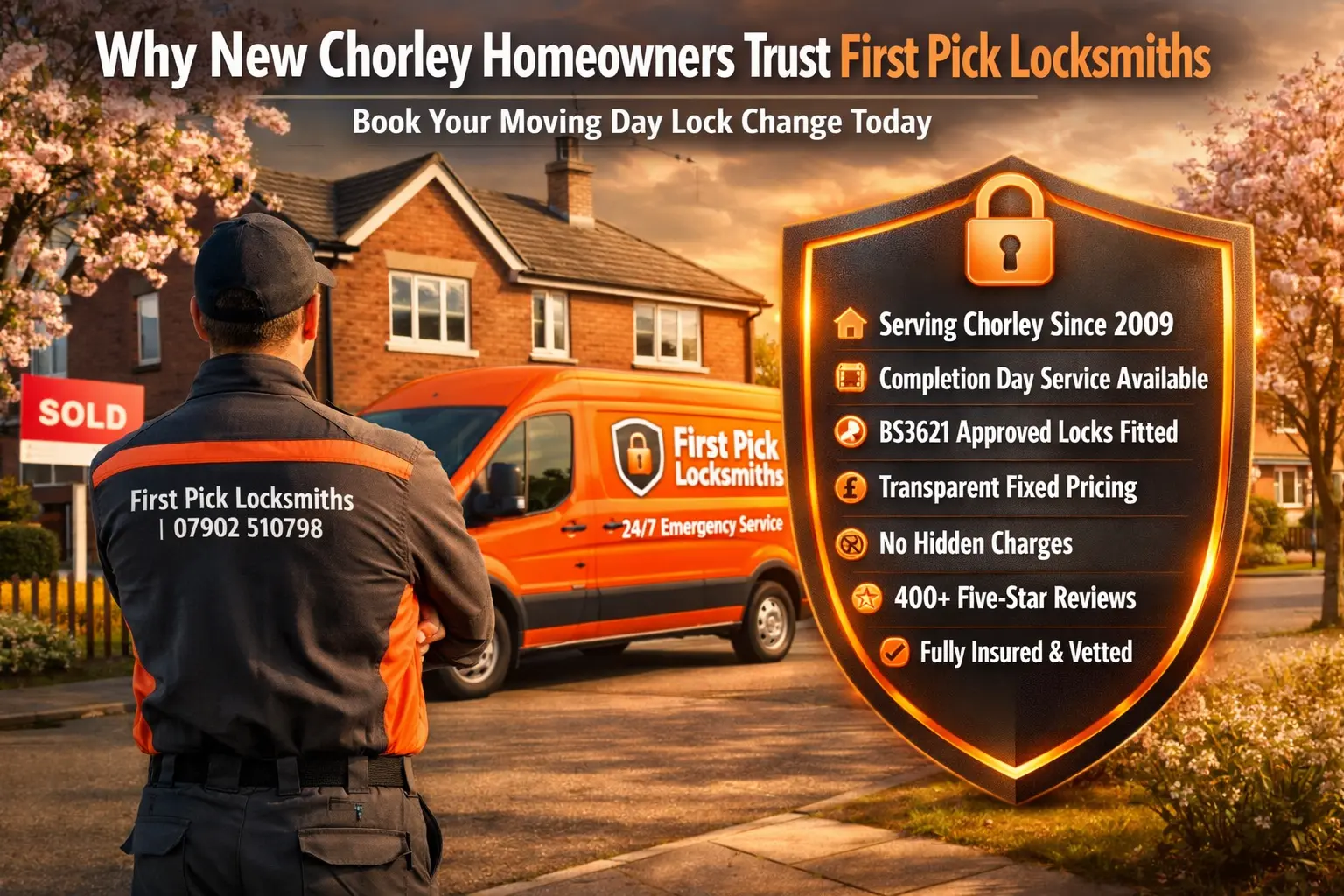 Why new homeowners in Chorley trust First Pick Locksmiths for moving house lock changes — BS3621 locks, completion day service, transparent pricing, 400+ five-star reviews, fully insured