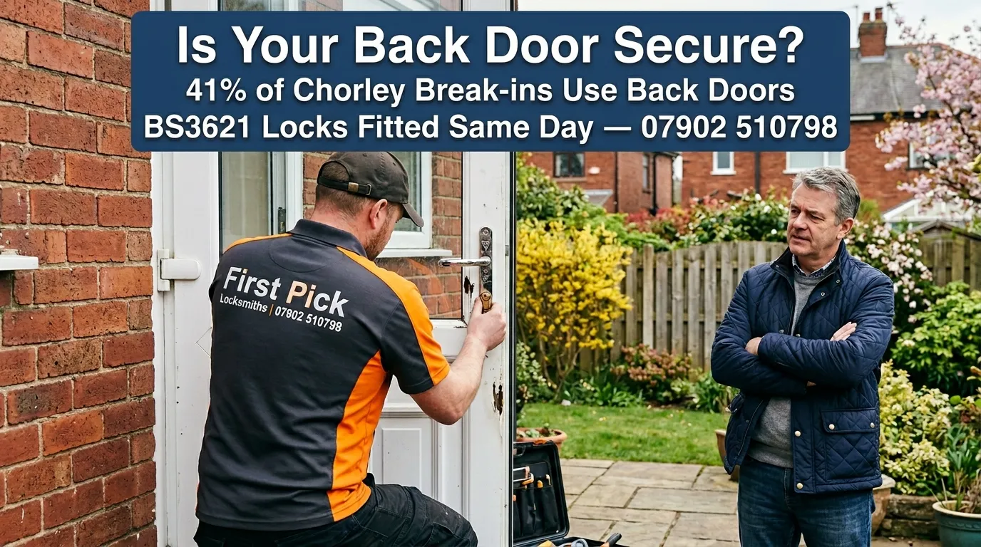First Pick Locksmiths technician fitting a BS3621 anti-snap lock on a Chorley home back door — 41% of Lancashire spring burglaries use rear entry points