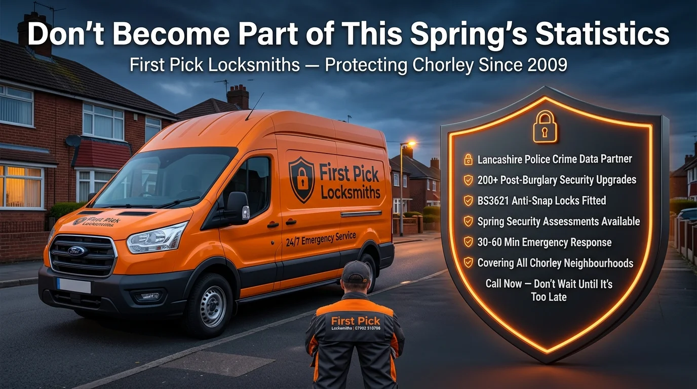 First Pick Locksmiths — Lancashire Police crime data partner protecting Chorley homeowners from spring burglaries since 2009, BS3621 locks, 30-60 minute response, covering all Chorley neighbourhoods