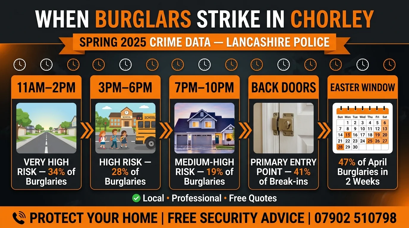 Spring burglary crime data for Chorley and Lancashire — peak times, entry points and Easter vulnerability statistics from Lancashire Police 2025