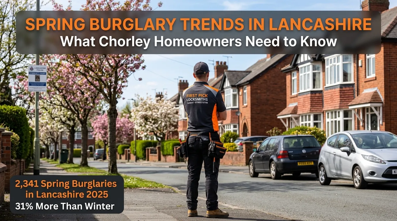 First Pick Locksmiths locksmith surveying a Chorley residential street — spring burglary trends in Lancashire and what homeowners need to know
