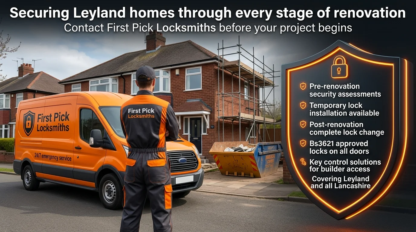 First Pick Locksmiths renovation security service for Leyland homeowners — pre-renovation assessments, temporary locks, post-renovation lock changes and Bs3621 approved locks across Lancashire