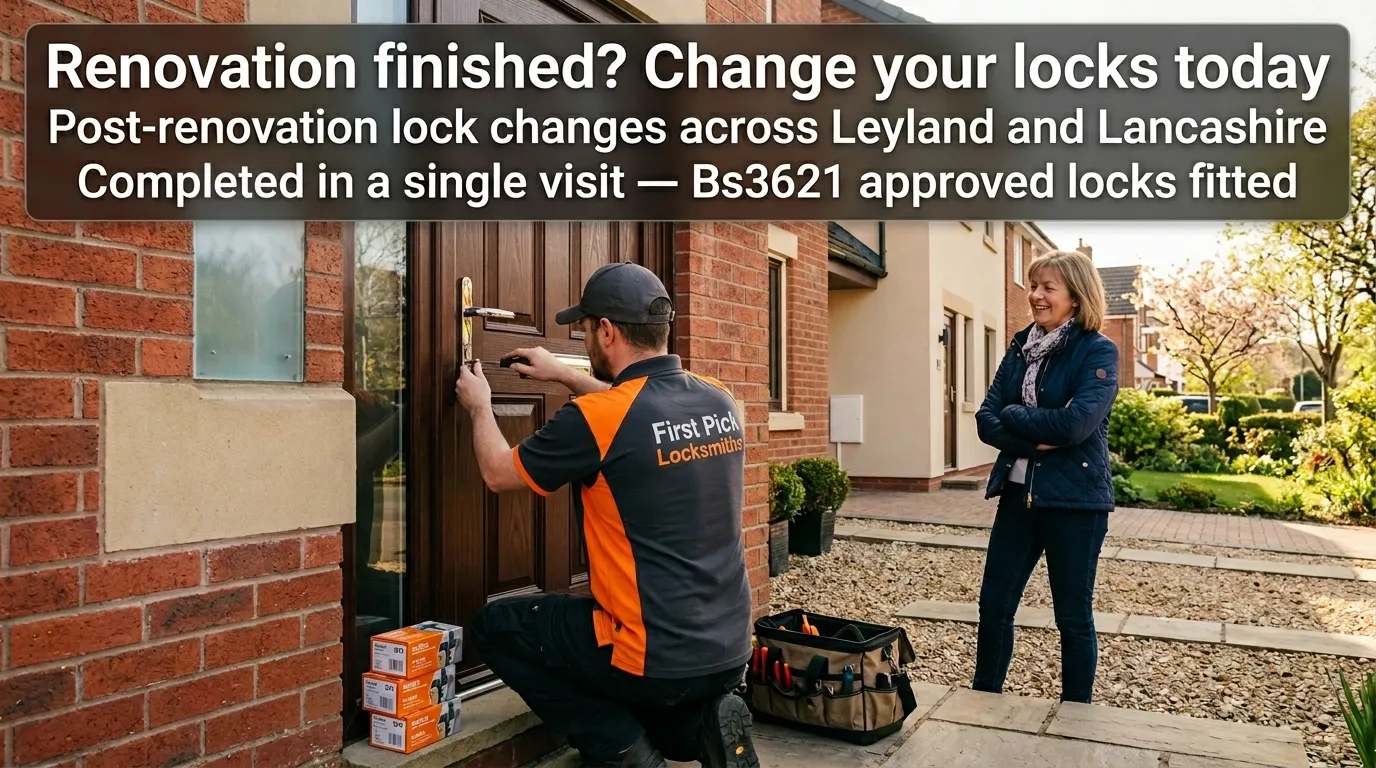 First Pick Locksmiths technician fitting new Bs3621 anti-snap locks on a freshly renovated Leyland home — post-renovation lock change service across Lancashire