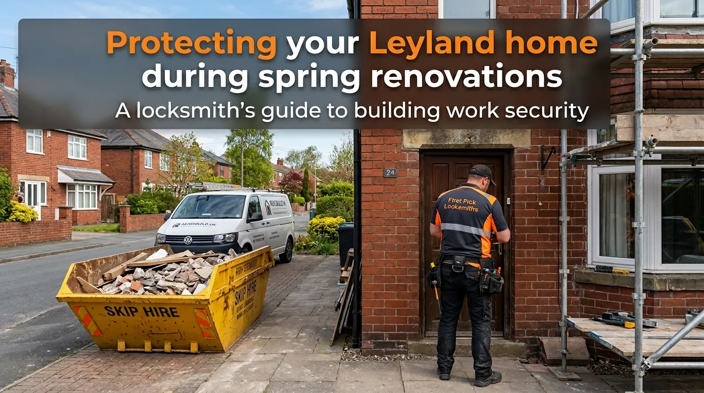First Pick Locksmiths technician fitting a new security lock on a Leyland home mid-renovation — building work security guide for Lancashire homeowners