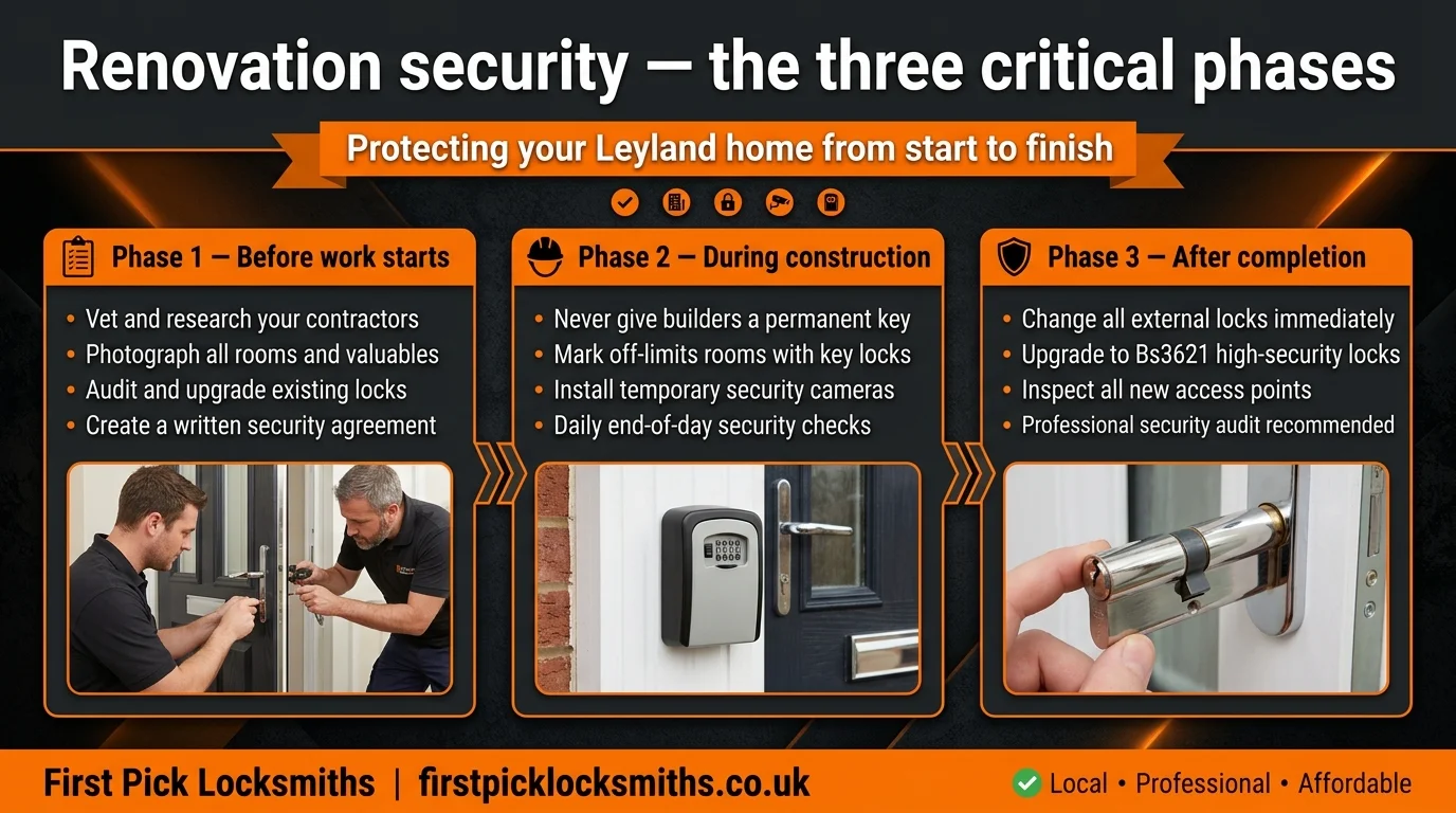 The three critical phases of renovation security for Leyland homeowners — before, during and after building work, by First Pick Locksmiths Lancashire