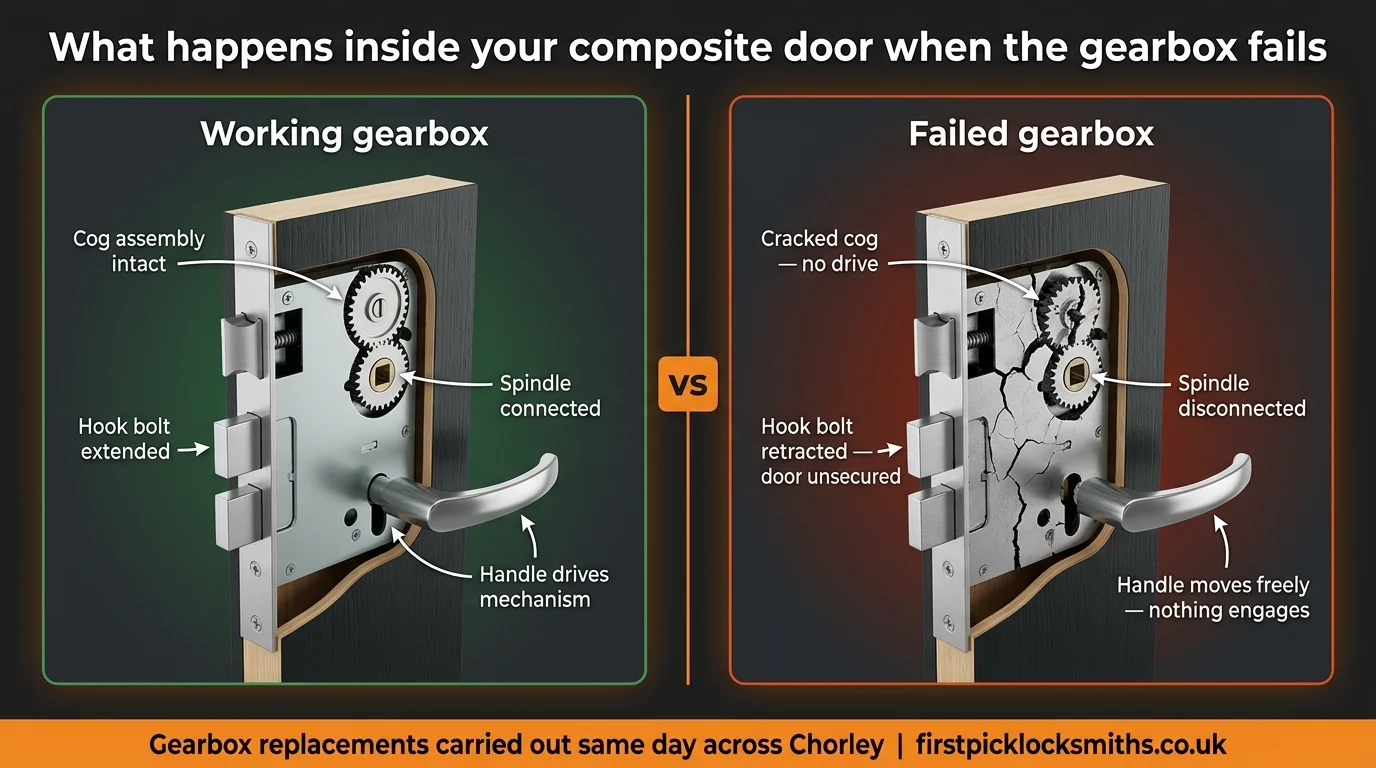 Side-by-side comparison of a working composite door gearbox versus a failed gearbox showing internal component damage — composite door lock repair explained by First Pick Locksmiths Chorley
