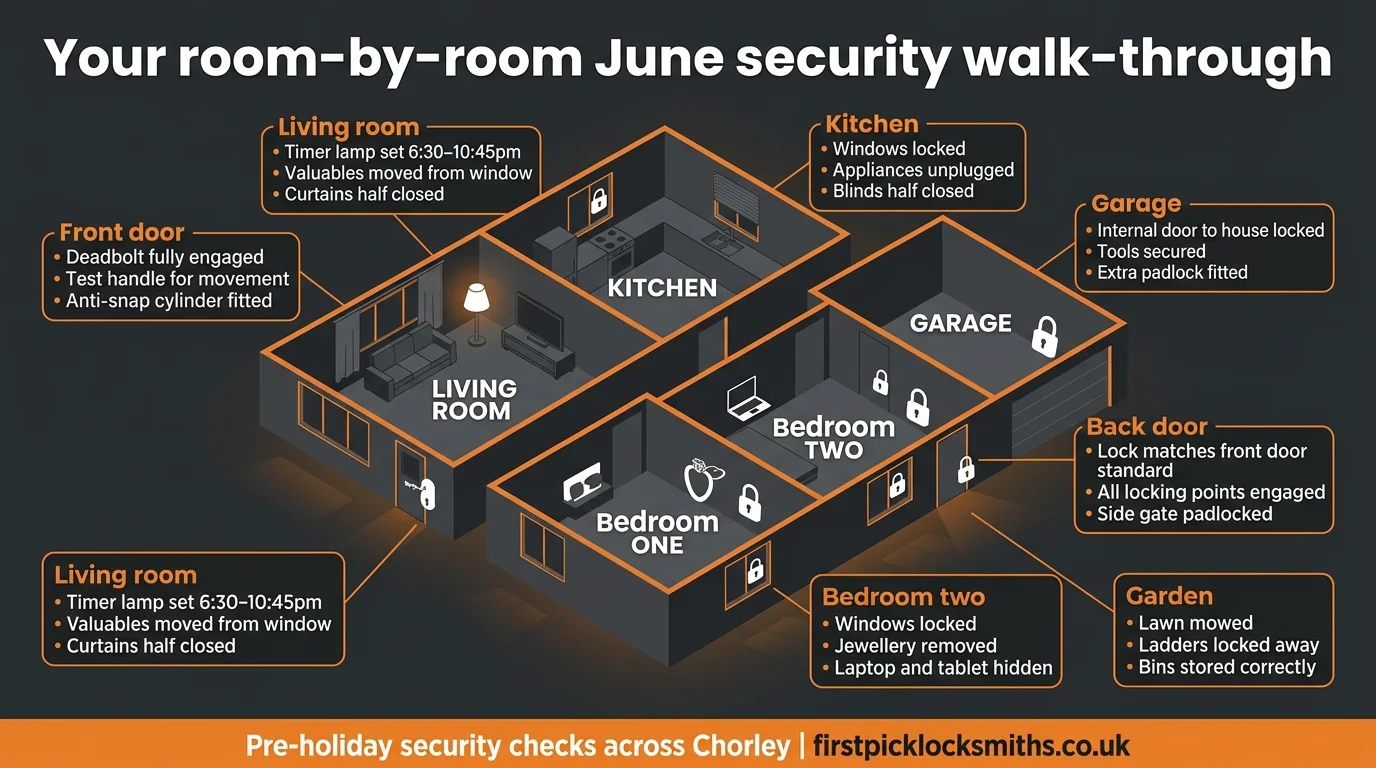 Room-by-room holiday security checklist floor plan for Chorley homes — front door, living room, kitchen, garage, bedrooms, back door and garden security tasks before the June school holidays