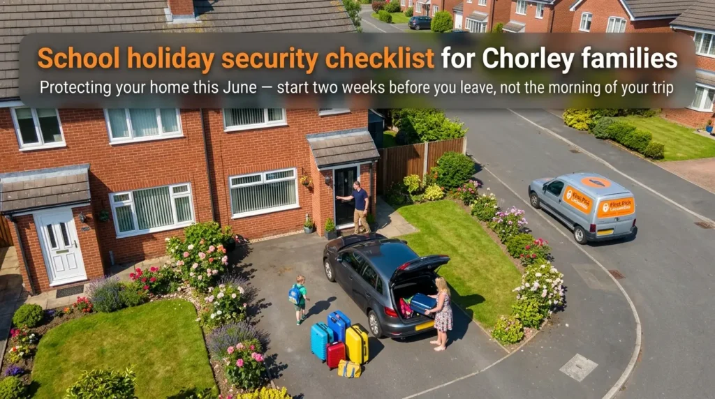 Overhead aerial view of a Chorley family loading suitcases into a car on a June morning — school holiday home security checklist for Lancashire families by First Pick Locksmiths