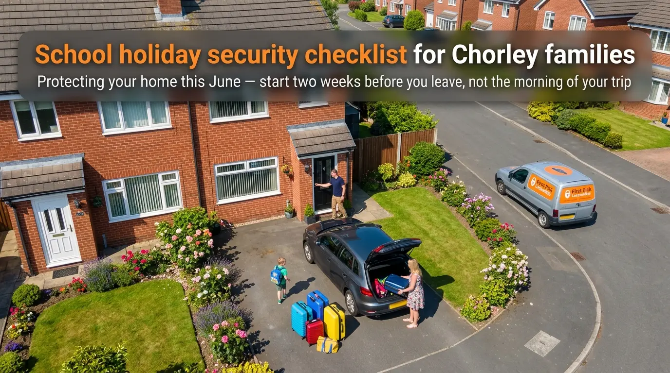 Overhead aerial view of a Chorley family loading suitcases into a car on a June morning — school holiday home security checklist for Lancashire families by First Pick Locksmiths