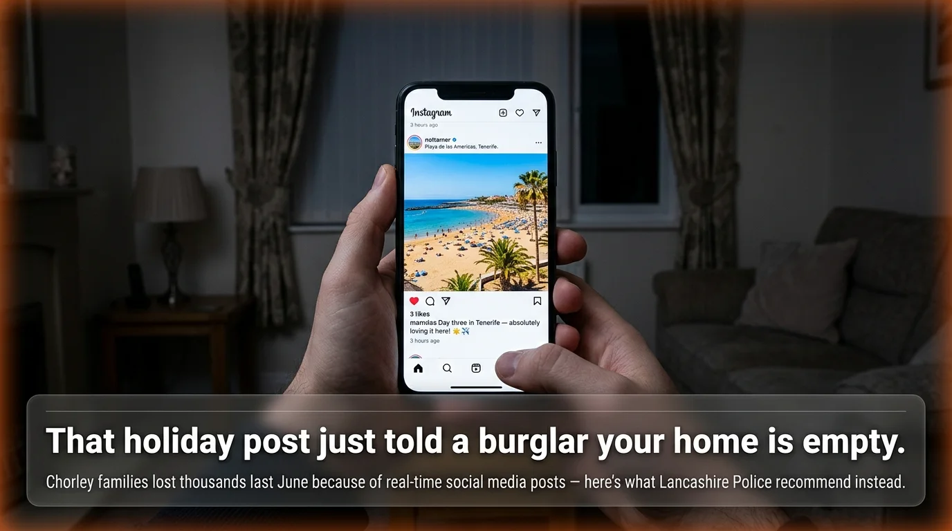 Hands holding a smartphone showing a holiday social media post while a dark empty Chorley home is visible in the background — the risk of posting holiday photos in real time during the June school holidays