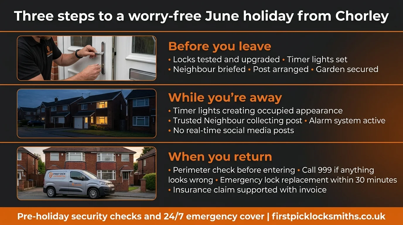 Three-step holiday security timeline for Chorley families — before you leave, while you are away, and when you return, by First Pick Locksmiths Lancashire