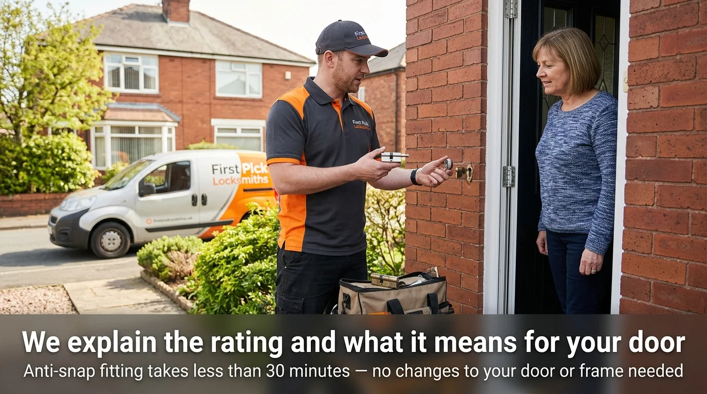 First Pick Locksmiths technician explaining a new Ts007 anti-snap cylinder to a Chorley homeowner at her front door before fitting — same-day anti-snap lock upgrade service