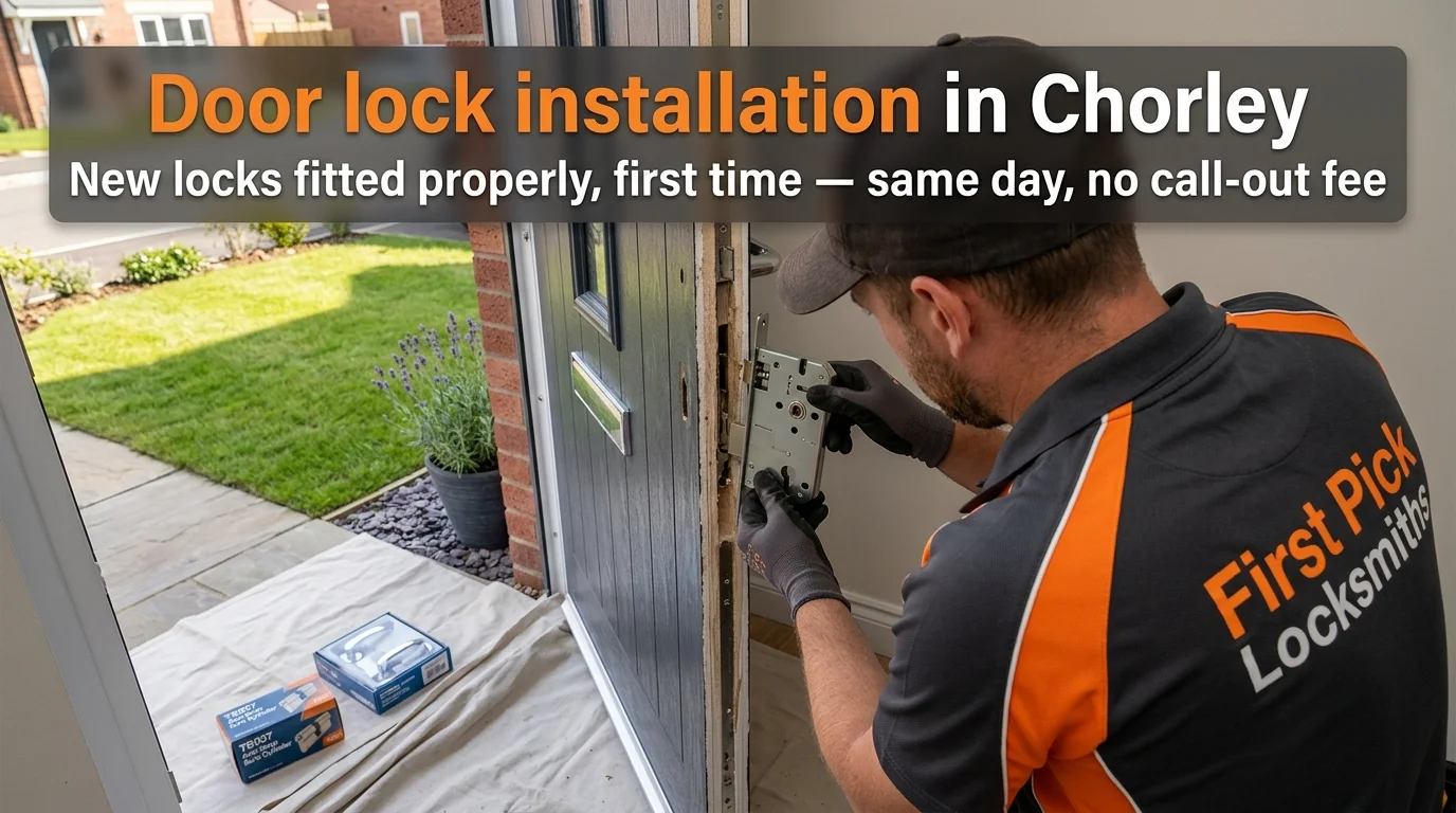 First Pick Locksmiths technician installing a new multipoint lock mechanism into a composite door edge in Chorley — professional door lock installation, same day, no call-out fee
