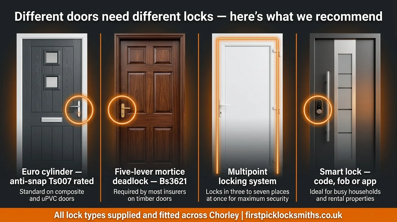 Four door types with matching lock recommendations — euro cylinder for composite doors, mortice deadlock for timber, multipoint system for uPVC and smart lock for modern doors, by First Pick Locksmiths Chorley