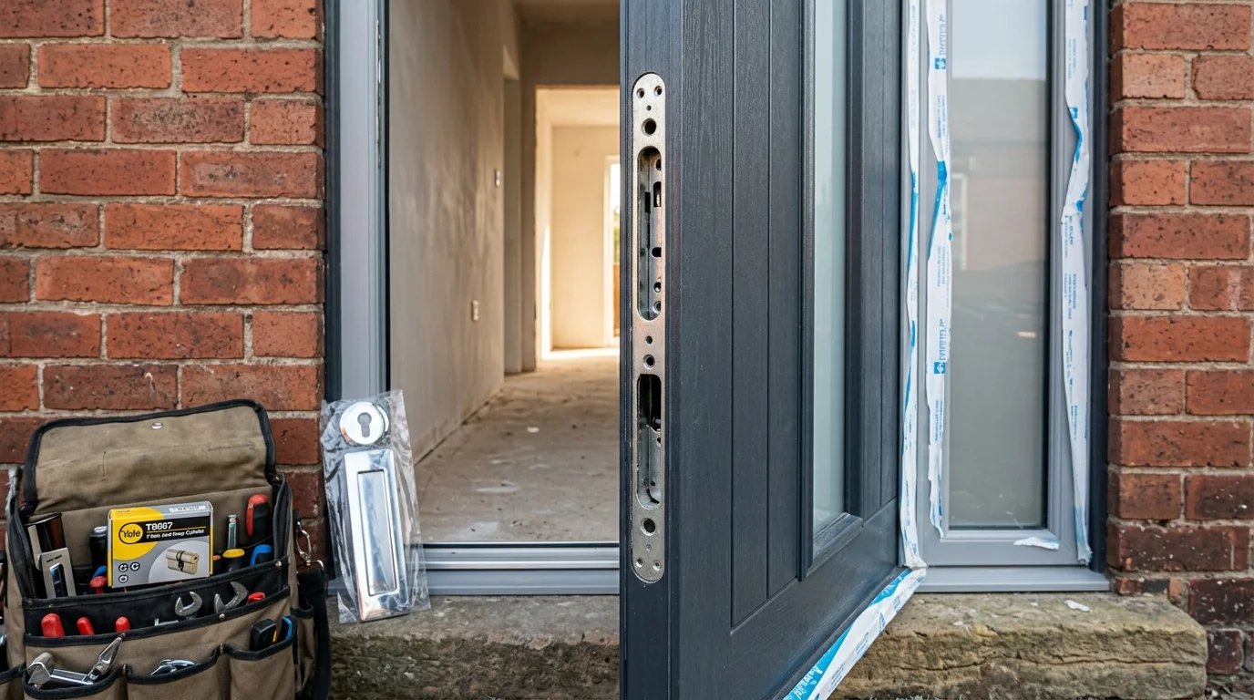 Brand new composite door with empty multipoint lock housing and no cylinder or handle fitted — door lock installation job in Chorley before First Pick Locksmiths fits the new hardware