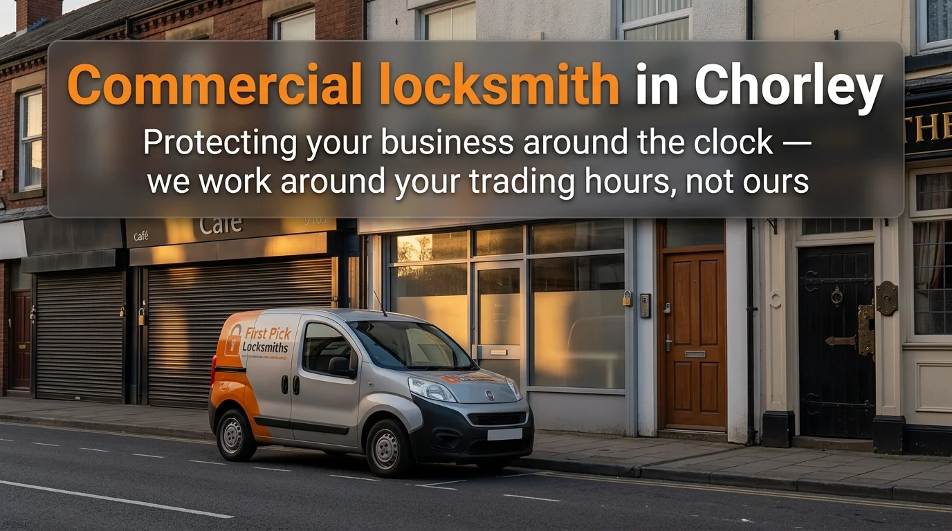 First Pick Locksmiths van parked outside a row of Chorley commercial shop fronts at dawn — commercial locksmith service available before, during and after trading hours