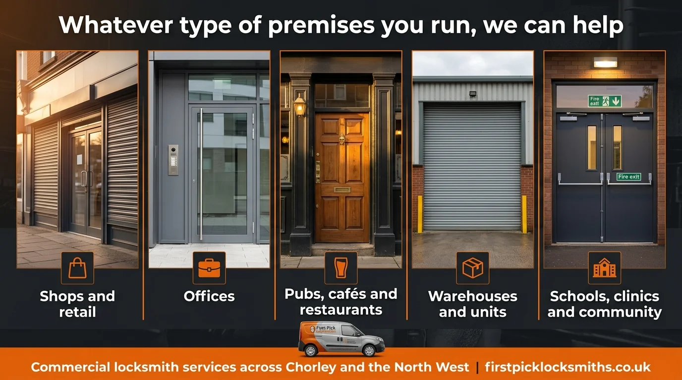 Five types of commercial premises served by First Pick Locksmiths in Chorley — shops, offices, pubs and restaurants, warehouses and community buildings