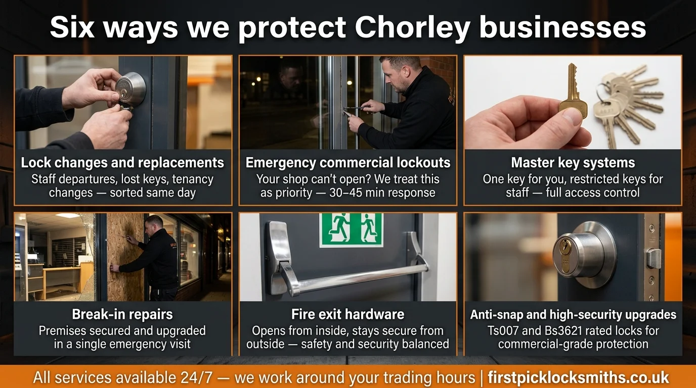 Six commercial locksmith services by First Pick Locksmiths in Chorley — lock changes, emergency lockouts, master key systems, break-in repairs, fire exit hardware and anti-snap upgrades