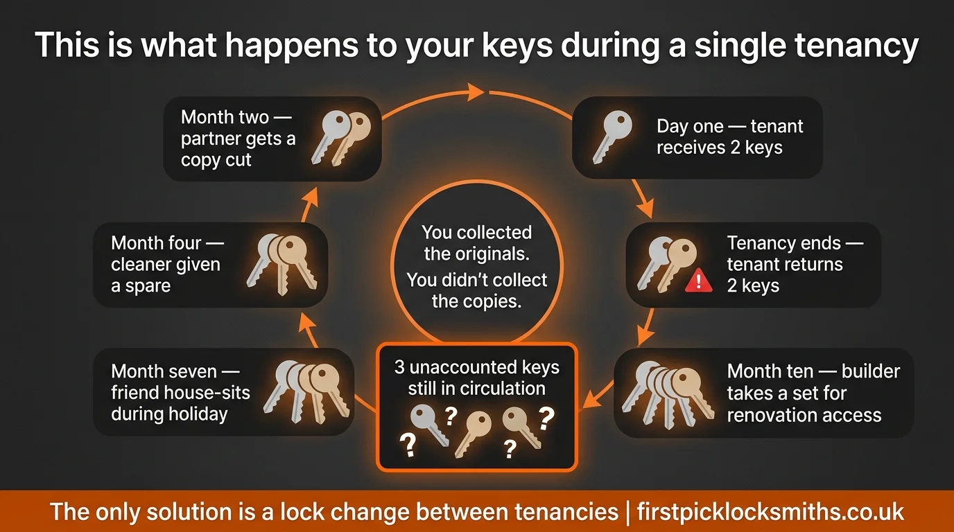 Circular chain diagram showing how rental property keys multiply during a single tenancy from two to five copies with three unaccounted for at checkout — landlord lock change guide by First Pick Locksmiths