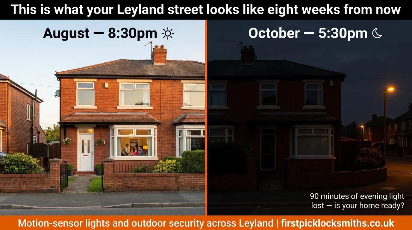 Side-by-side comparison of the same Leyland house at 8:30pm in August bright daylight versus 5:30pm in October complete darkness — 90 minutes of evening light lost in eight weeks