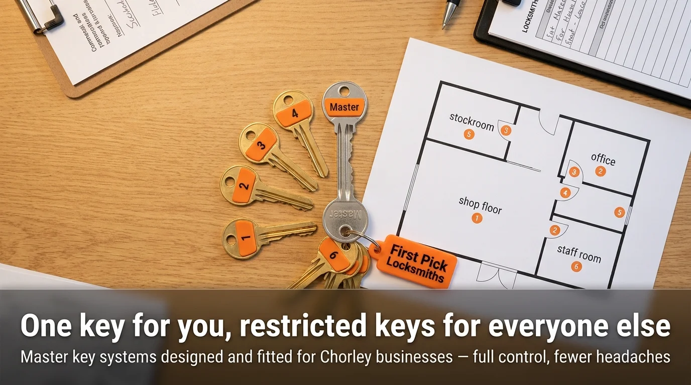 Overhead view of a master key system layout on an office desk — six numbered staff keys and one master key beside a floor plan showing which doors each key opens, by First Pick Locksmiths Chorley