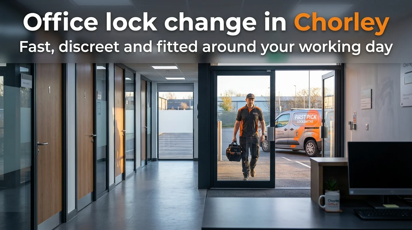 First Pick Locksmiths technician arriving at an empty Chorley office entrance early morning to carry out a lock change before staff arrive — discreet service fitted around working hours