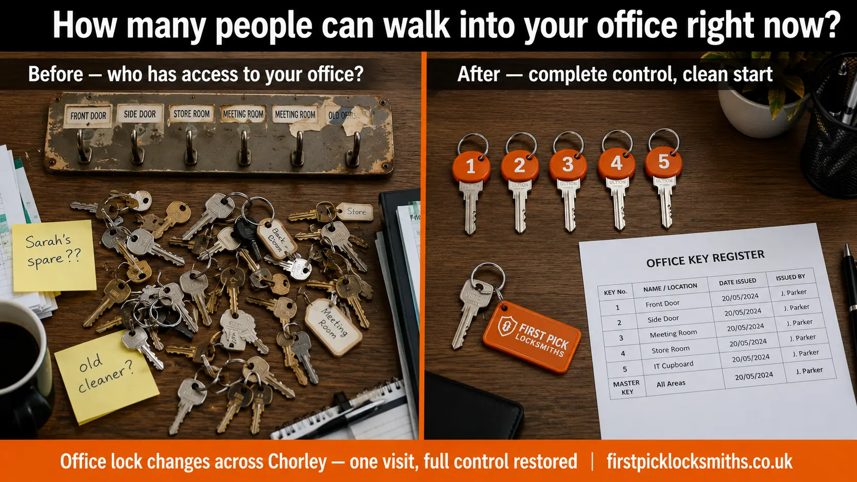 Overhead split comparison showing chaotic scattered unaccounted office keys on the left versus a clean organised new key set with a numbered register on the right — office lock change by First Pick Locksmiths Chorley