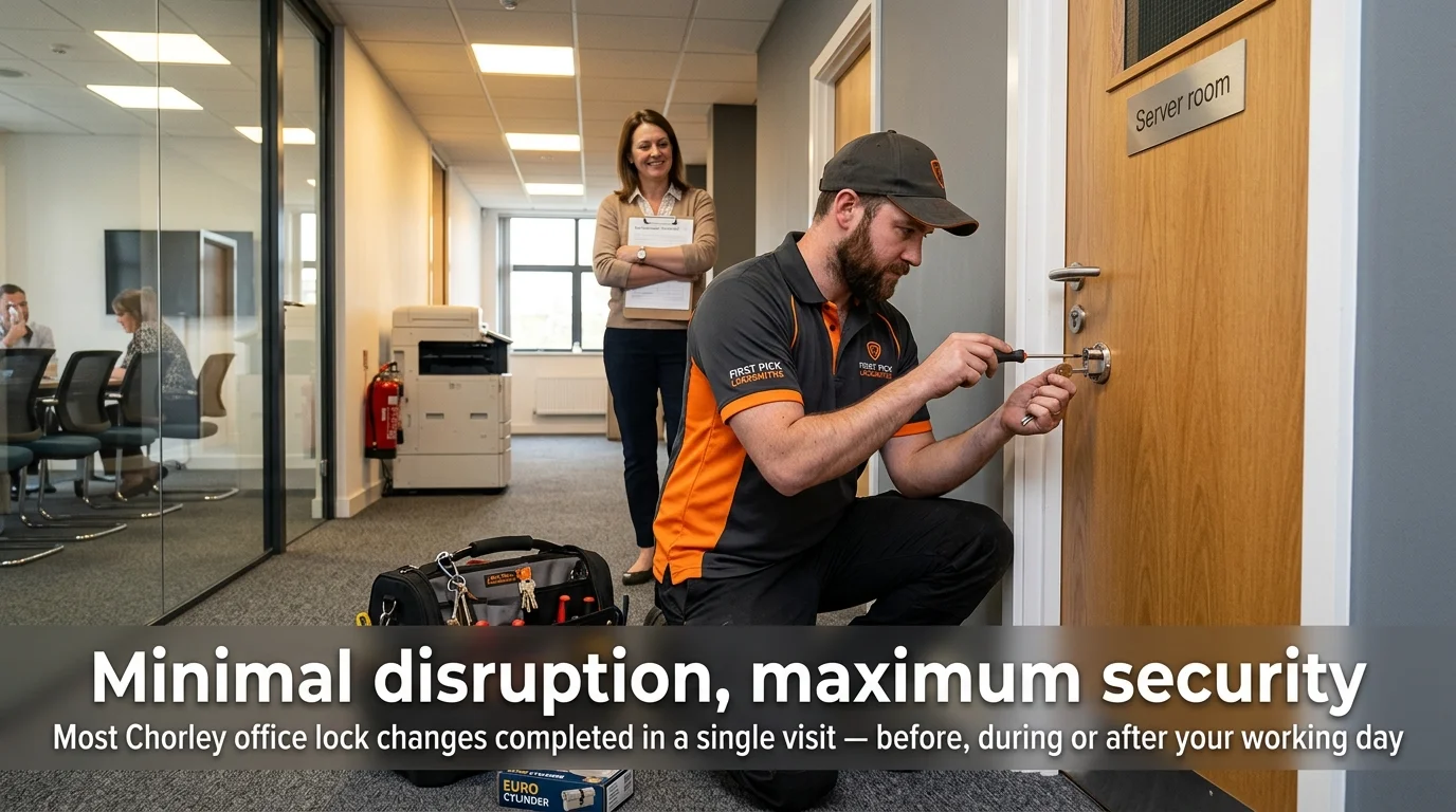 First Pick Locksmiths technician fitting a new lock on a server room door inside a Chorley office while a manager watches — office lock change service with minimal disruption