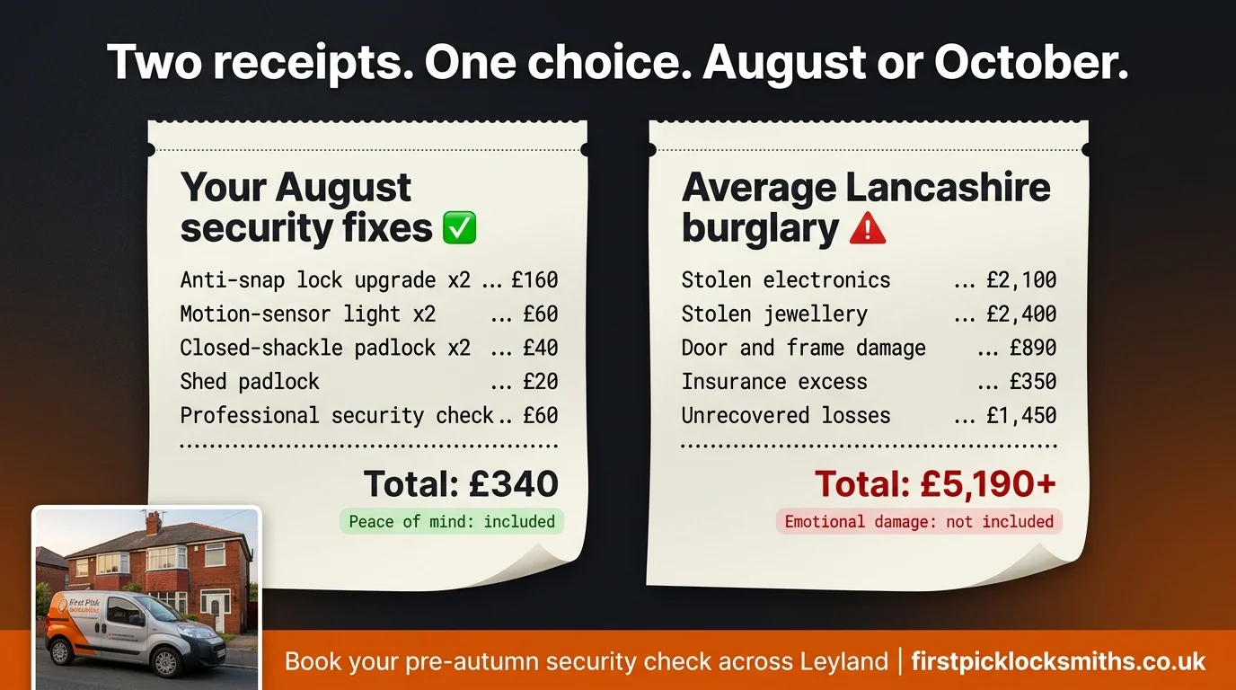 Two till receipts side by side — August security fixes totalling £340 on the left versus average Lancashire burglary losses totalling £5,190 on the right, by First Pick Locksmiths Leyland