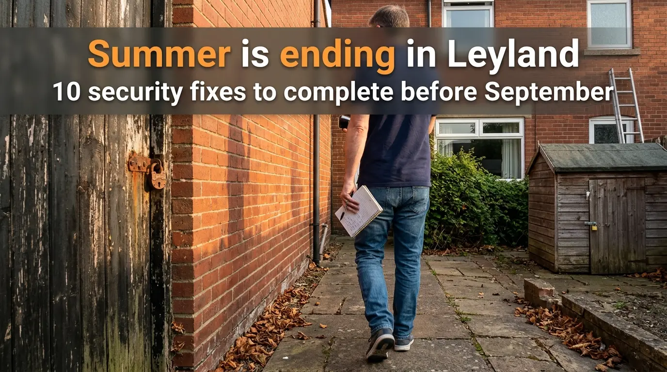 Homeowner walking along the side passage of a Leyland home in late August golden hour photographing a rusty padlock — end-of-summer security audit discovering vulnerabilities before September