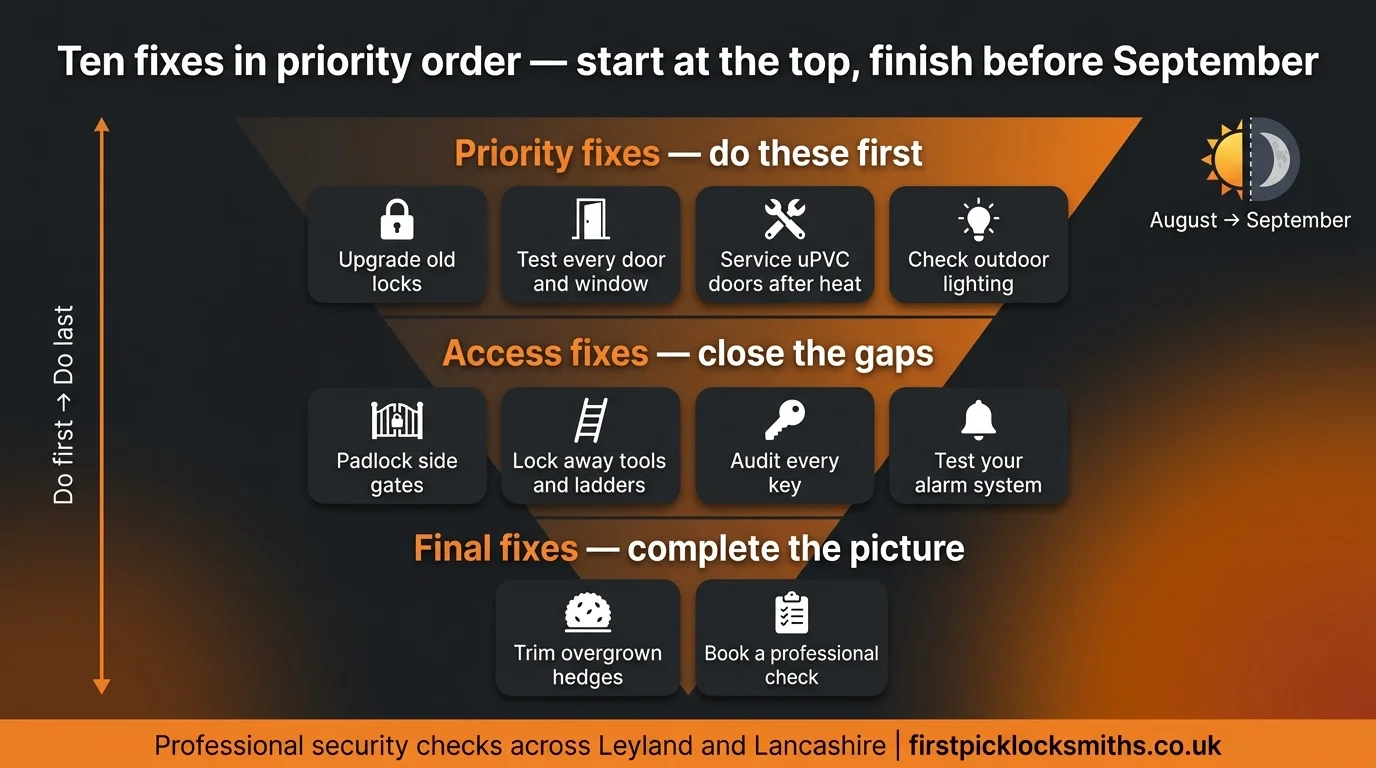 Inverted pyramid showing ten home security fixes in priority order for Leyland homeowners — priority fixes at the top, access fixes in the middle, final fixes at the bottom, to complete before September