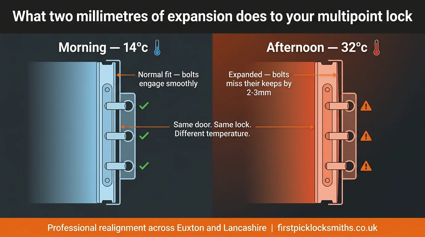Side-by-side cross-section diagrams showing a uPVC door multipoint lock at 14 degrees versus 32 degrees — bolts aligned perfectly when cool, missing their keeps by two to three millimetres when hot