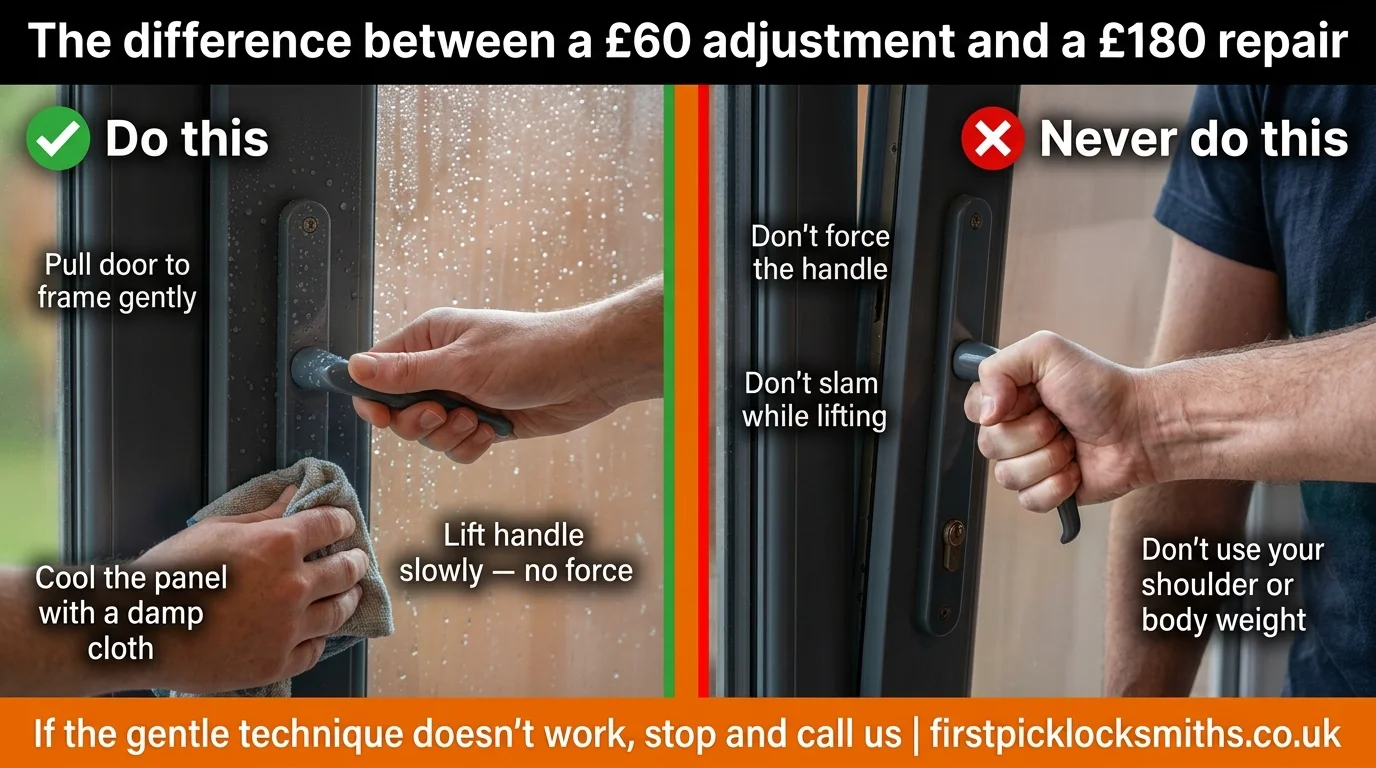 Split comparison showing the correct gentle technique for a sticking uPVC door on the left versus the damaging forcing technique that breaks the gearbox on the right — by First Pick Locksmiths