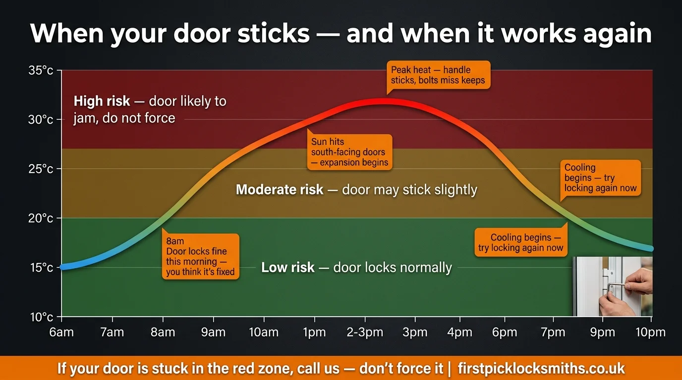Horizontal temperature curve showing a typical hot August day in Lancashire with three risk zones — green for normal locking, amber for slight sticking and red for likely jamming with advice not to force