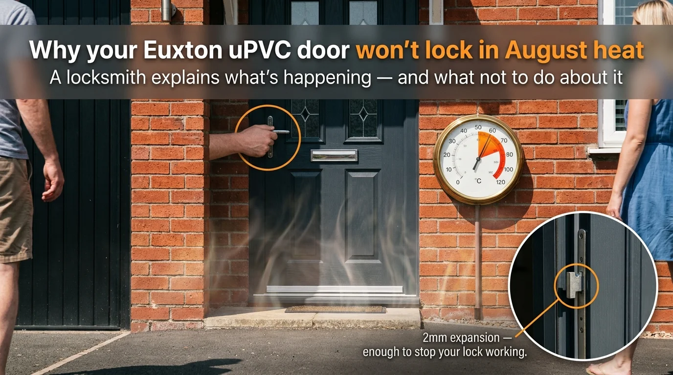 Dark grey uPVC door on an Euxton home in intense August sunshine with visible heat haze and a thermometer showing 32 degrees — two-millimetre expansion preventing the multipoint lock from engaging