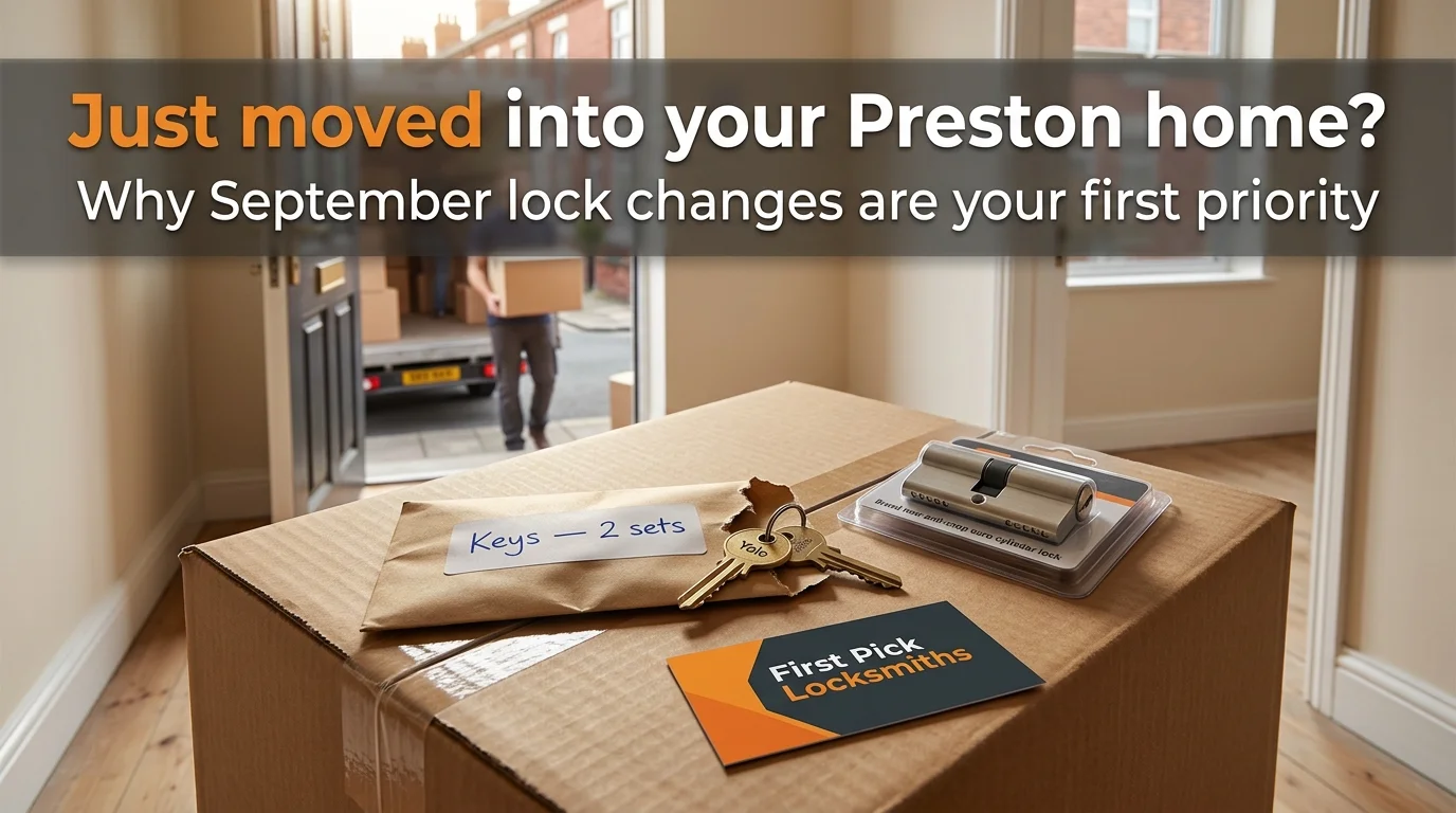 Estate agent key envelope and two old keys on a moving box beside a new anti-snap cylinder and First Pick Locksmiths card in an empty Preston hallway on moving day