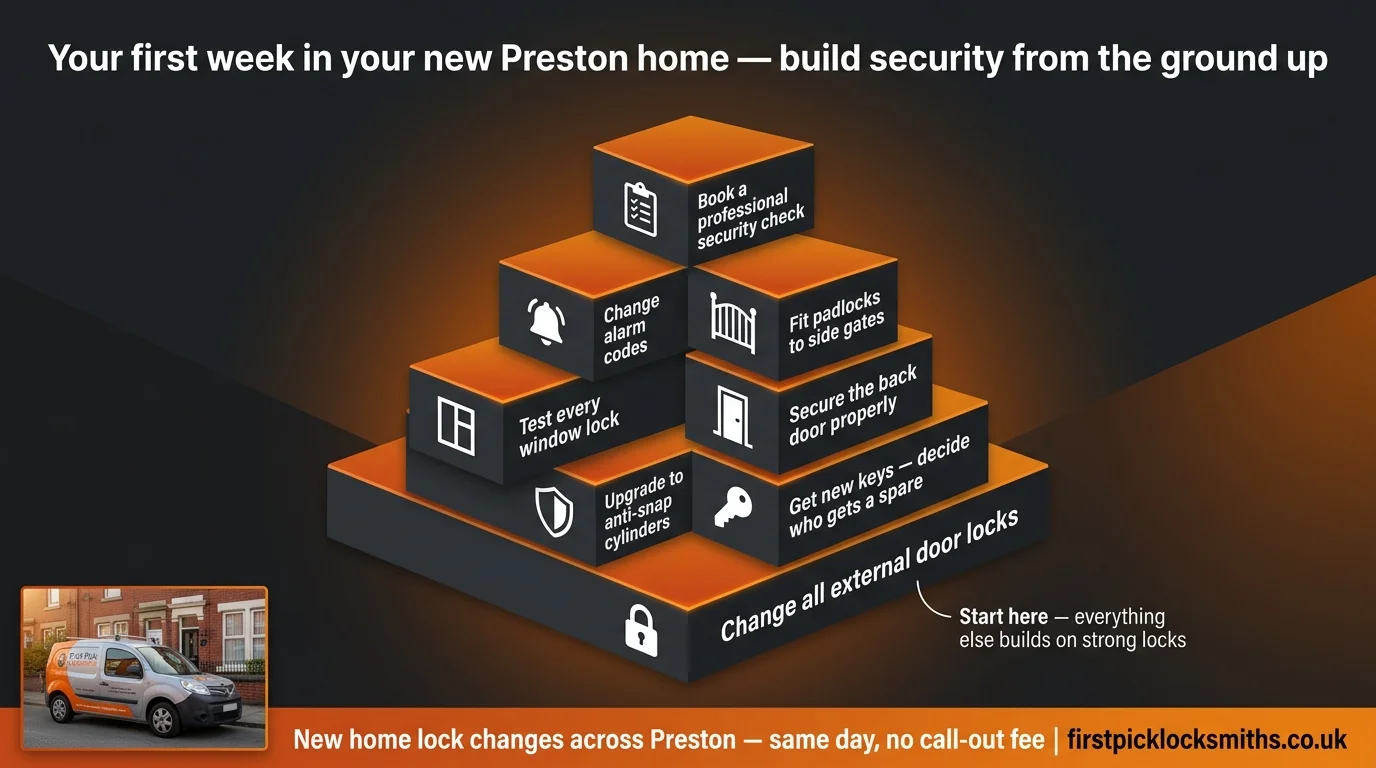 Isometric building blocks pyramid showing eight first-week security tasks for new Preston homeowners — lock change at the foundation, anti-snap upgrade, window checks, alarm codes, side gates and professional check stacking above