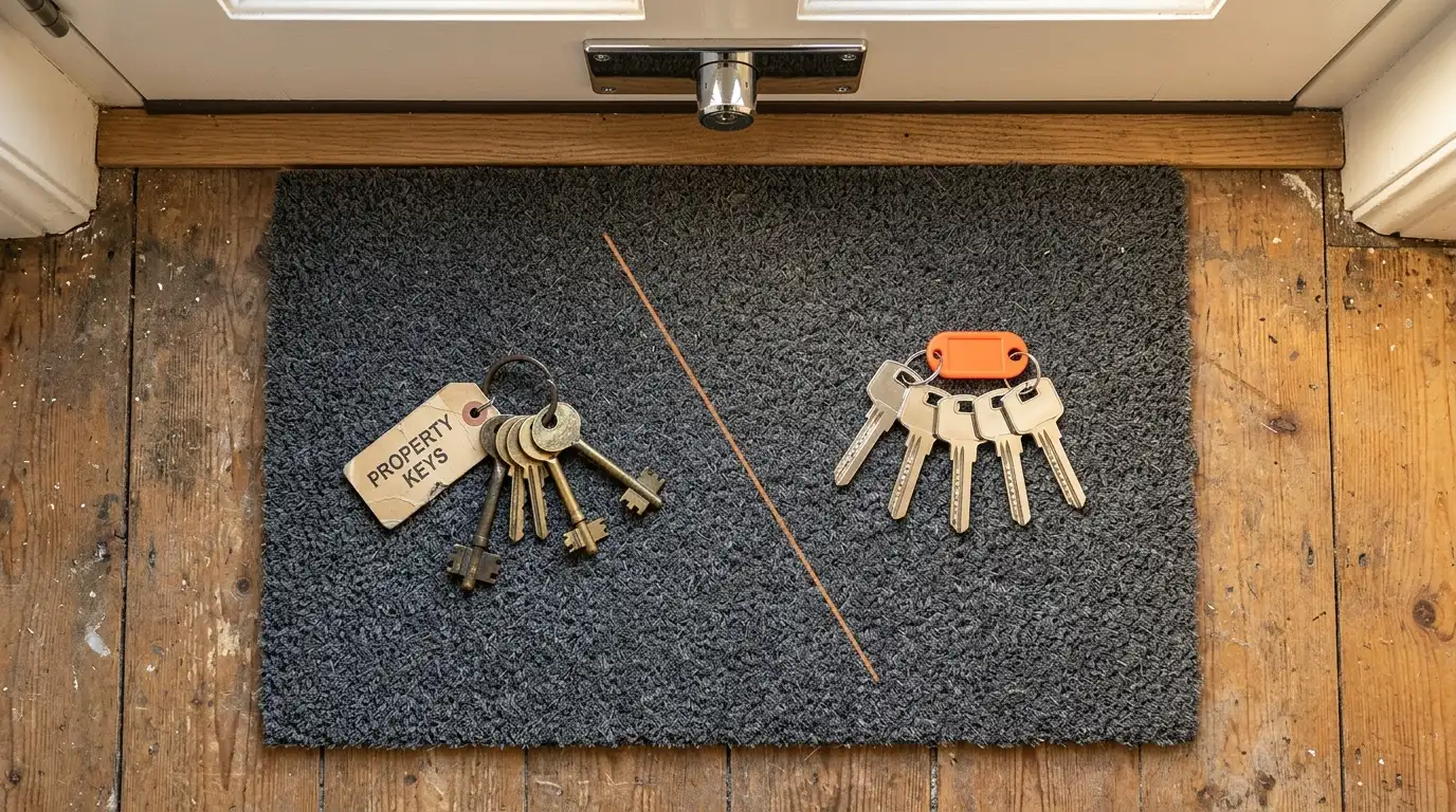 Overhead view of old tarnished estate agent keys on the left and five new chrome anti-snap keys on the right sitting on a doormat in a Preston hallway — the before and after of a moving day lock change