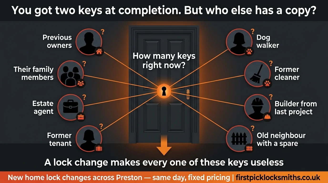 Radiating network diagram showing eight different people who may hold copies of keys to a new Preston home — previous owners, estate agents, cleaners, builders, neighbours and more