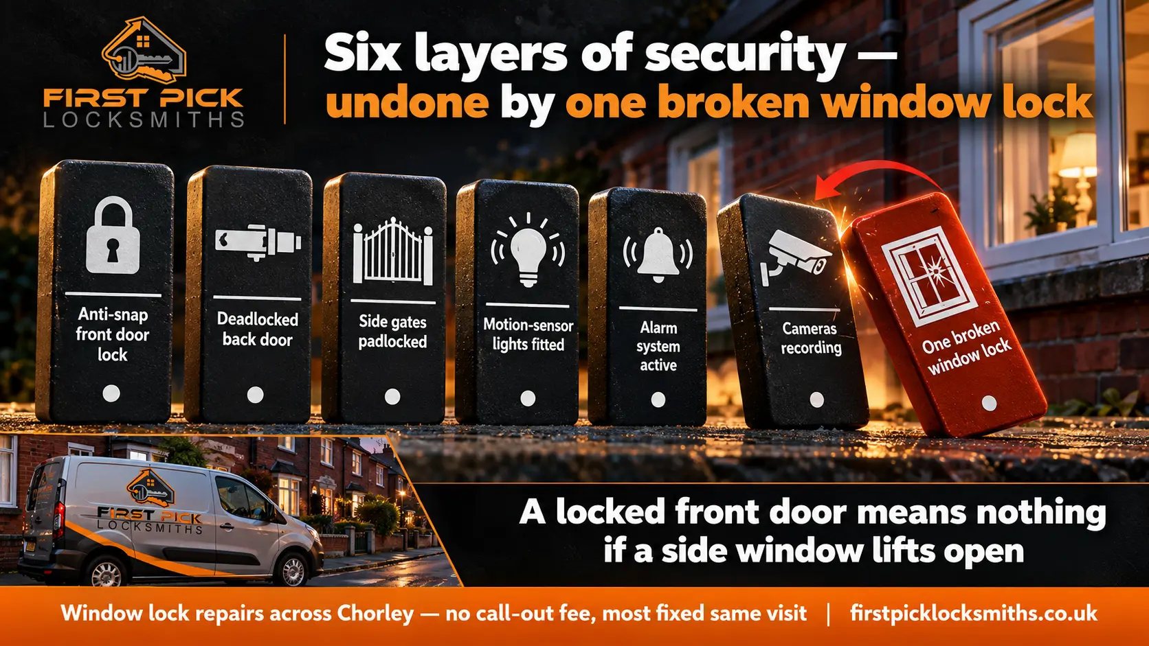 Domino chain showing six home security measures standing upright being toppled by a seventh falling domino labelled one broken window lock — window lock repair by First Pick Locksmiths Chorley
