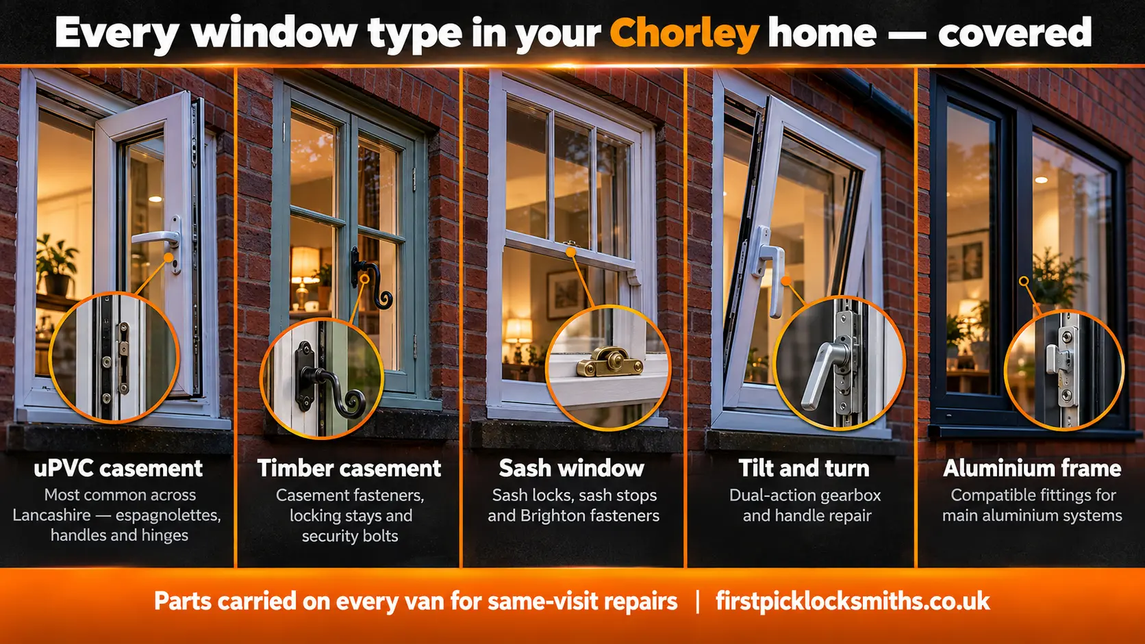 Five window types repaired by First Pick Locksmiths in Chorley — uPVC casement, timber casement, sash, tilt-and-turn and aluminium frame, with lock mechanisms highlighted on each