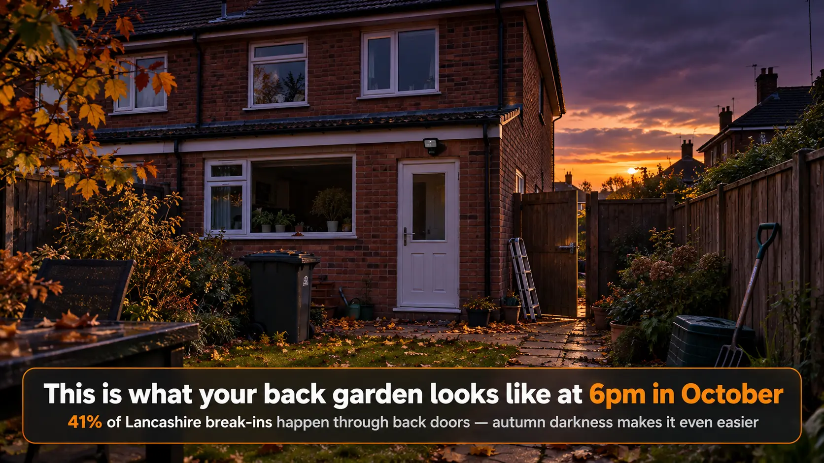 View from the back garden of an Eccleston home at dusk in October showing an unlit back door, open side gate with no padlock, unsecured ladder and garden clutter — autumn security vulnerabilities