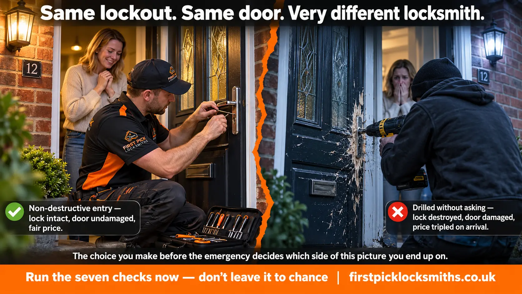 Split image showing two lockout outcomes on the same Chorley doorstep — professional non-destructive entry on the left versus rogue trader drilling and damaging the door on the right
