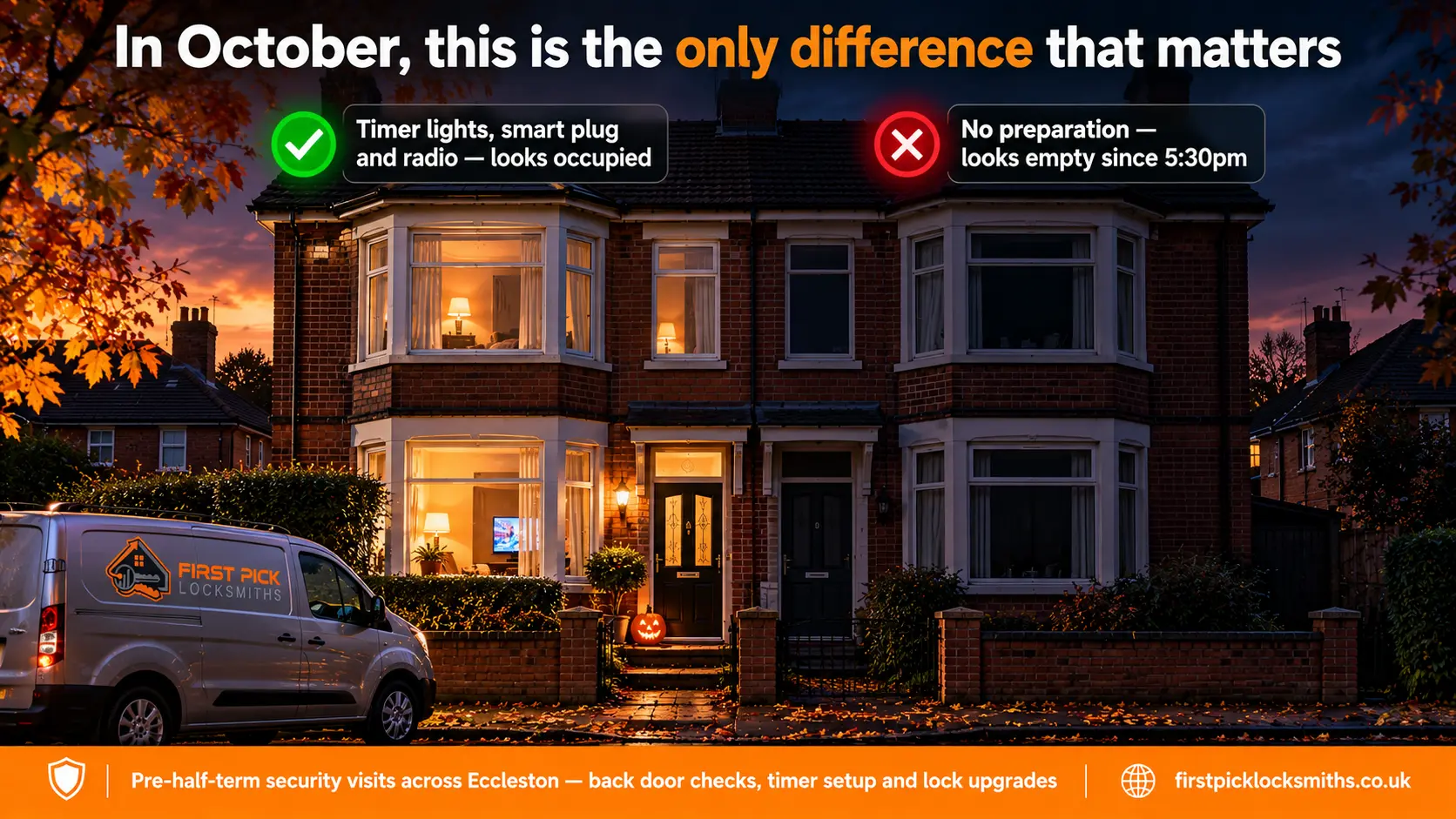 Close-up of two Eccleston houses side by side at 7pm in October — the left with timer lights glowing warmly and looking occupied, the right completely dark and looking empty since 5:30pm