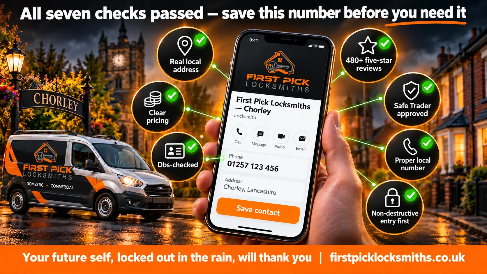 Smartphone showing a locksmith contact save page surrounded by seven green verification badges — all seven checks passed for First Pick Locksmiths Chorley